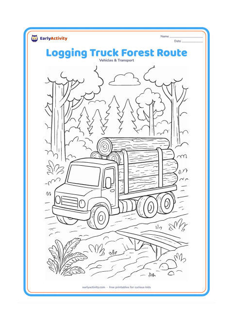 Colouring page: A logging truck carries neatly stacked tree trunks along a forest road with tall trees, ferns, a small stream and a wooden bridge. Show the securing supports and rounded log ends clearly.