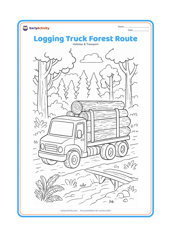 Colouring page: A logging truck carries neatly stacked tree trunks along a forest road with tall trees, ferns, a small stream and a wooden bridge. Show the securing supports and rounded log ends clearly.