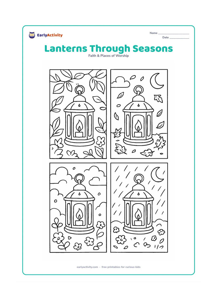Colouring page: A four-part scene shows the same decorative lantern in different outdoor settings: leafy warmth, falling leaves, cool mist, and gentle rain, with a crescent moon linking the panels. Keep…