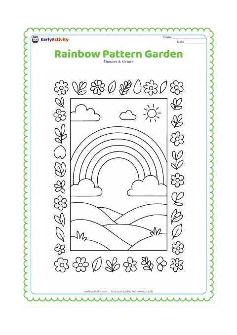 Colouring page: Draw a large rainbow surrounded by a repeating border of flowers, leaves, raindrops, clouds and small sun shapes, with a rolling meadow and hills inside the lower arc. Keep the border…