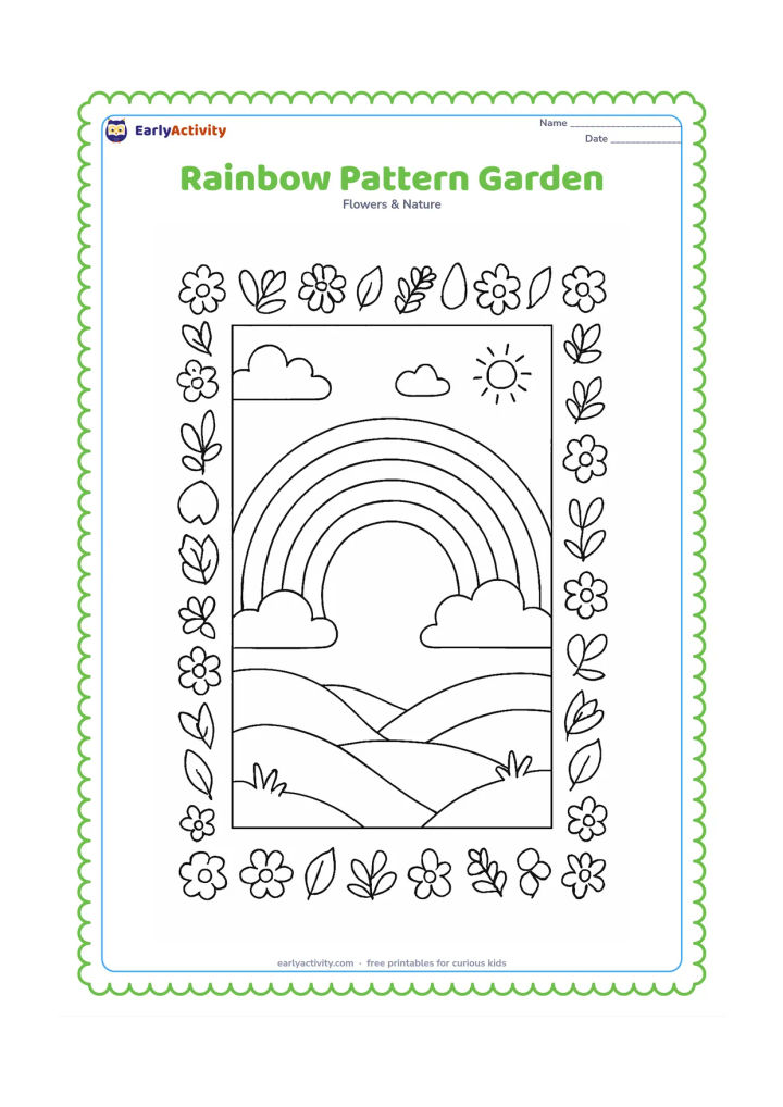 Colouring page: Draw a large rainbow surrounded by a repeating border of flowers, leaves, raindrops, clouds and small sun shapes, with a rolling meadow and hills inside the lower arc. Keep the border…