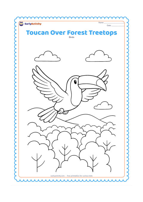 Colouring page: A toucan flies above rounded forest treetops with both wings spread, tail feathers extended, and feet tucked beneath its body. Include distant hills, a few clouds, and several varied…