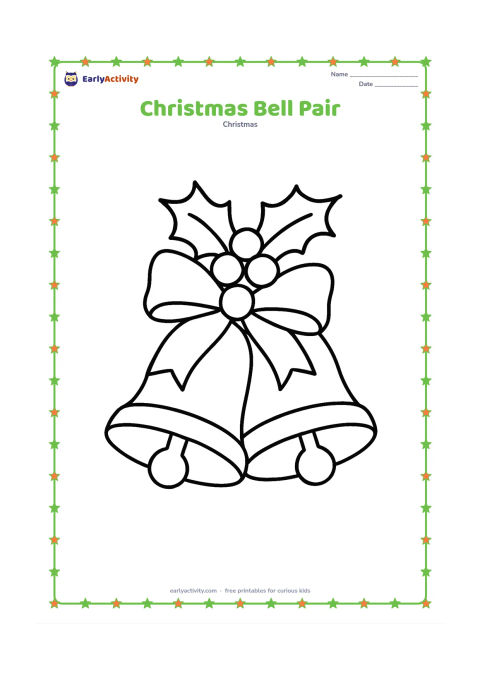 Colouring page: Two large Christmas bells hang side by side from a broad ribbon, with simple holly leaves above them and rounded clappers below. Keep the background open.