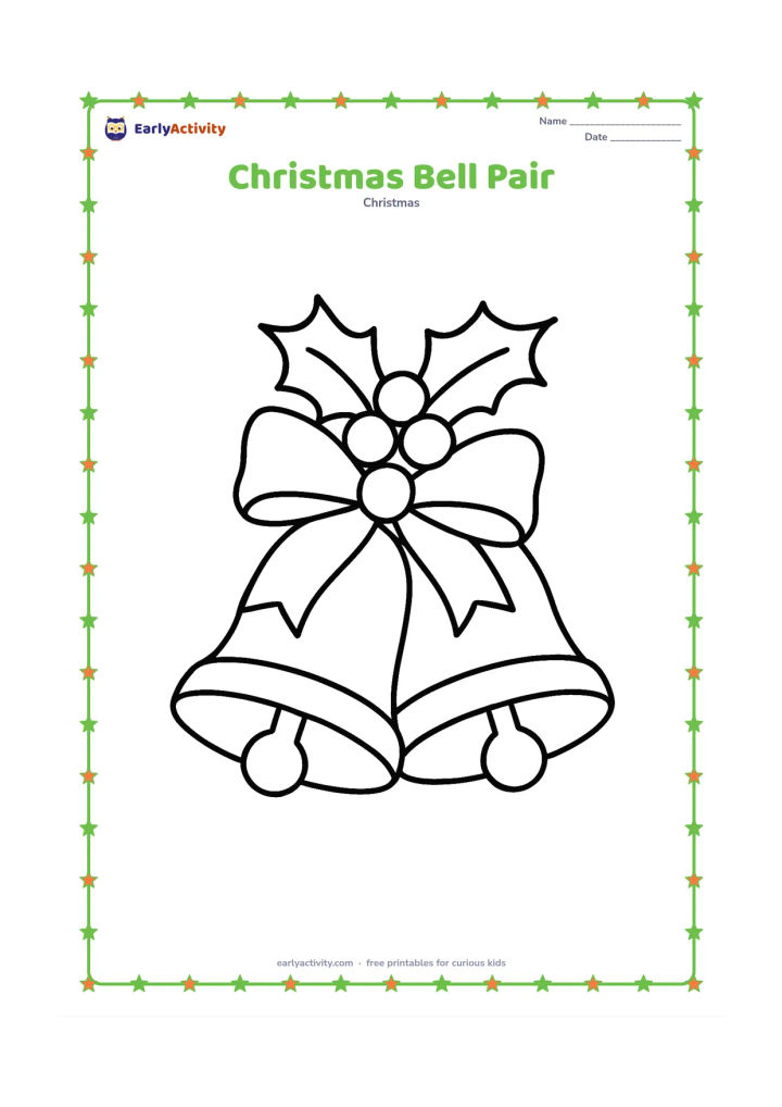 Colouring page: Two large Christmas bells hang side by side from a broad ribbon, with simple holly leaves above them and rounded clappers below. Keep the background open.