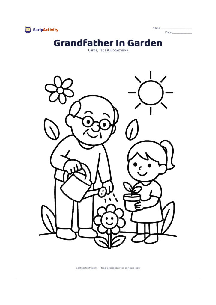 Worksheet: Draw a smiling grandfather watering one large flower while a child holds a small plant pot beside him. Add a few oversized leaves, flowers and a sun in the background.