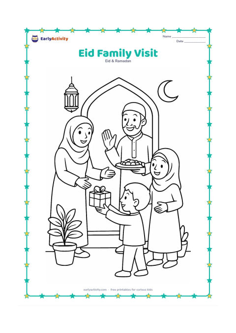 Colouring page: Draw relatives welcoming one another at an Indian home doorway during Eid, with a tray of dates, a decorated lantern, potted plants, and a crescent moon in the sky. Show one child…