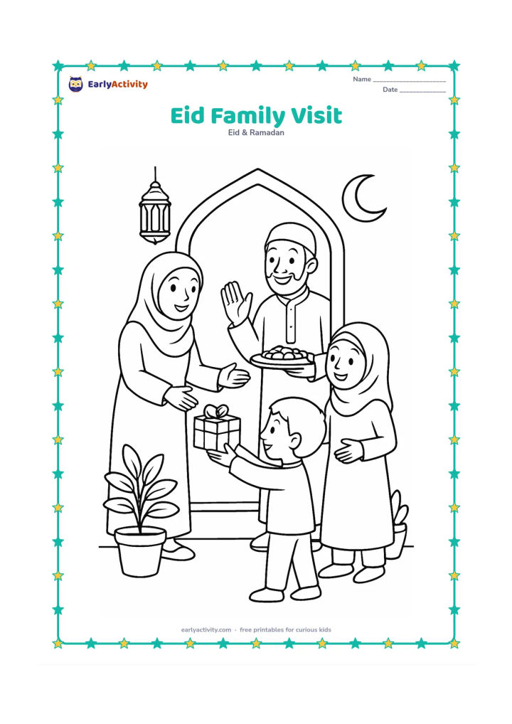 Colouring page: Draw relatives welcoming one another at an Indian home doorway during Eid, with a tray of dates, a decorated lantern, potted plants, and a crescent moon in the sky. Show one child…