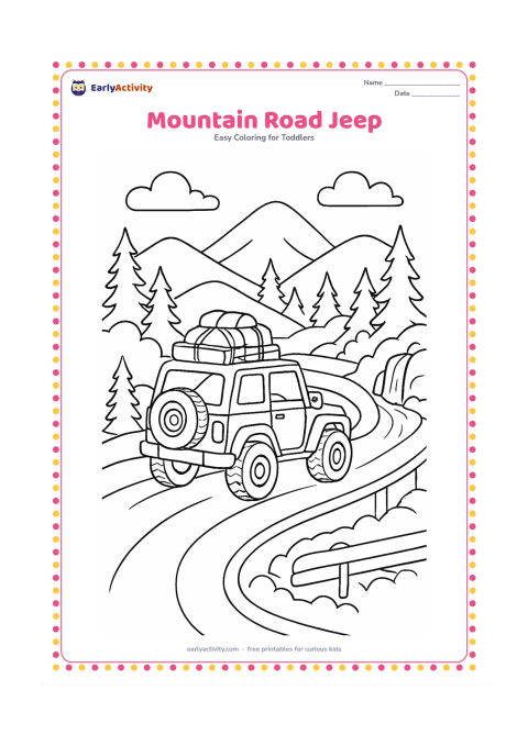 Colouring page: Draw a sturdy jeep climbing a winding mountain road with a spare wheel on the back and luggage tied to the roof. Include layered hills, pine trees, a roadside barrier and a small waterfall.