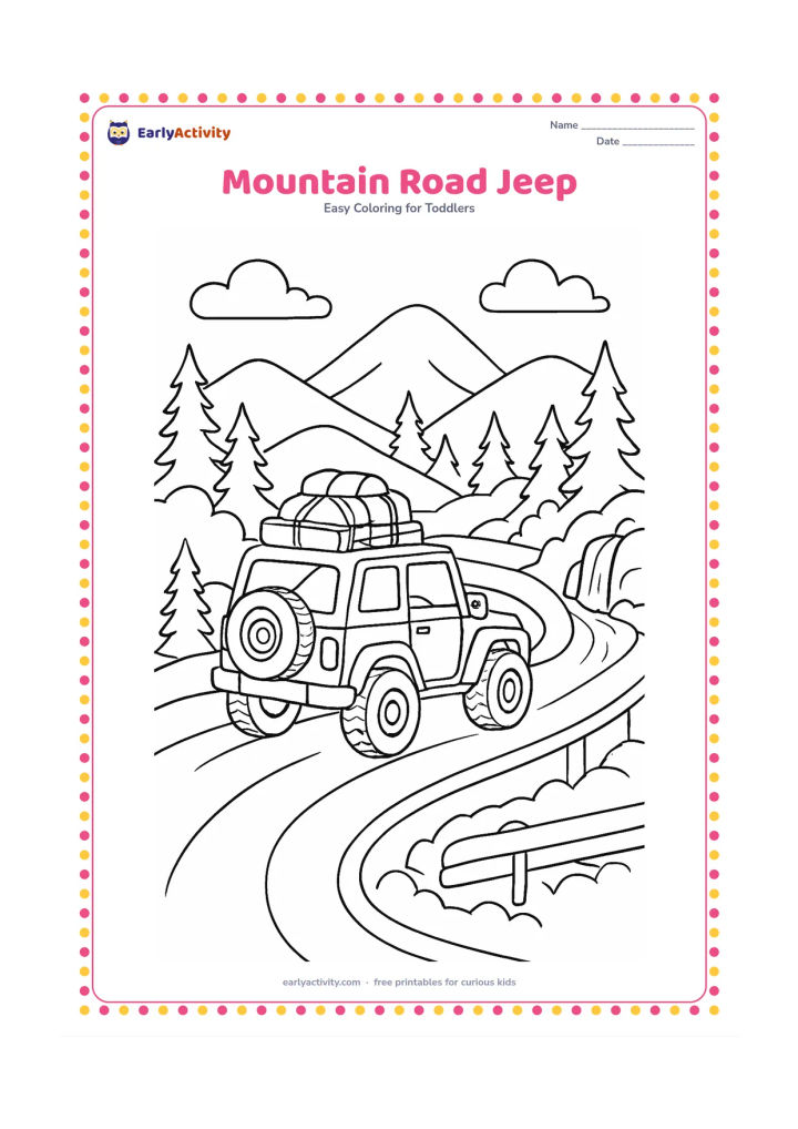 Colouring page: Draw a sturdy jeep climbing a winding mountain road with a spare wheel on the back and luggage tied to the roof. Include layered hills, pine trees, a roadside barrier and a small waterfall.