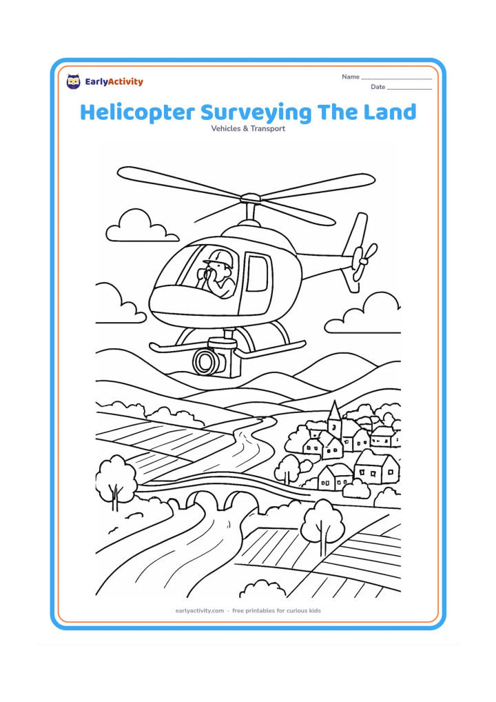 Colouring page: Draw a helicopter with a camera underneath flying over a river valley, bridge, farmland and a small town. Show a survey worker looking through the side window and add layered hills and…