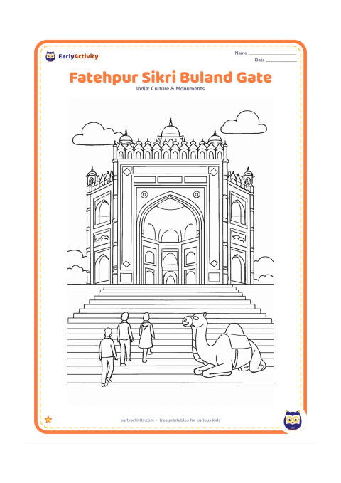 Colouring page: Show Buland Darwaza at Fatehpur Sikri from the approach steps, with its monumental central arch, smaller side arches, domed pavilions and detailed stone borders. Include three visitors…
