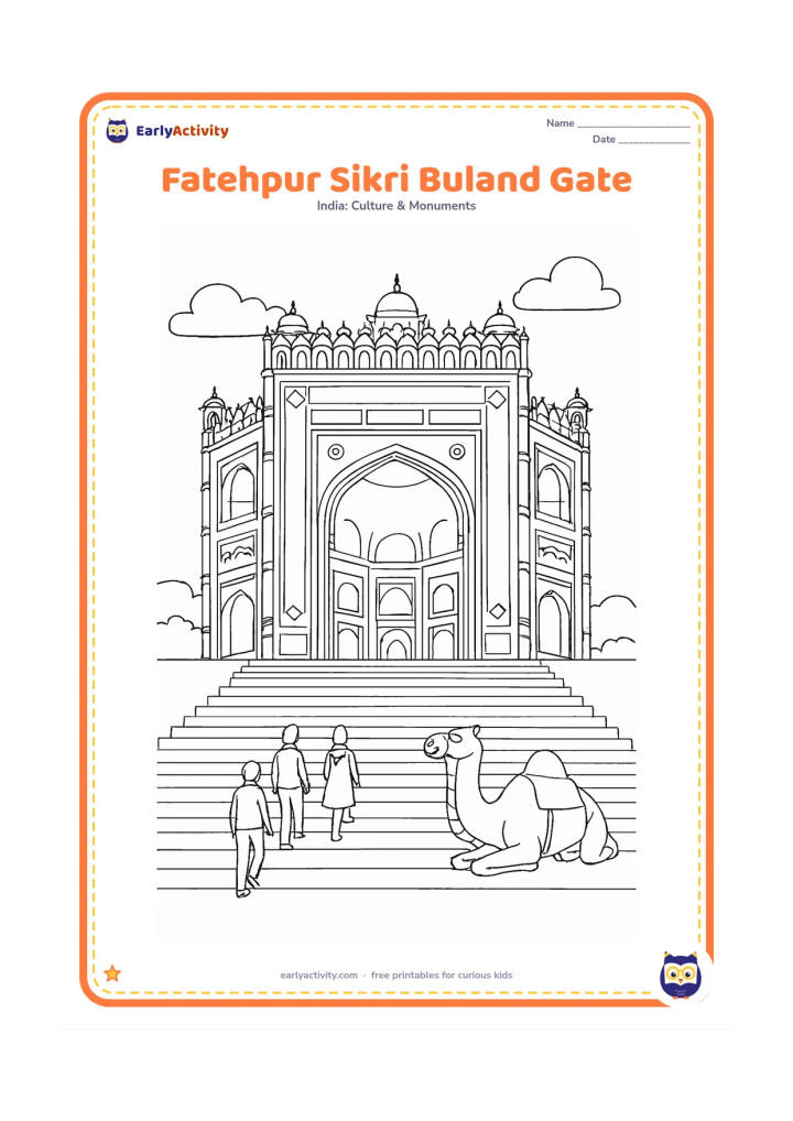 Colouring page: Show Buland Darwaza at Fatehpur Sikri from the approach steps, with its monumental central arch, smaller side arches, domed pavilions and detailed stone borders. Include three visitors…