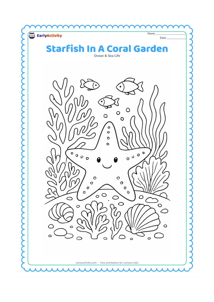 Colouring page: Draw a starfish crossing a detailed coral garden with branching coral, sea fans, seaweed, shells, pebbles and several small fish.