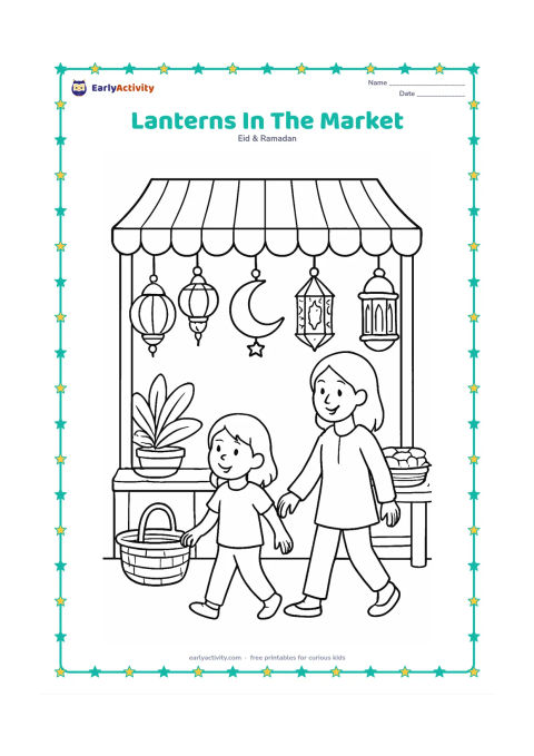 Colouring page: A child and an adult walk through an Indian-style market stall displaying several different hanging lanterns. Add fabric awnings, baskets, a few plants, and a crescent-shaped decoration.