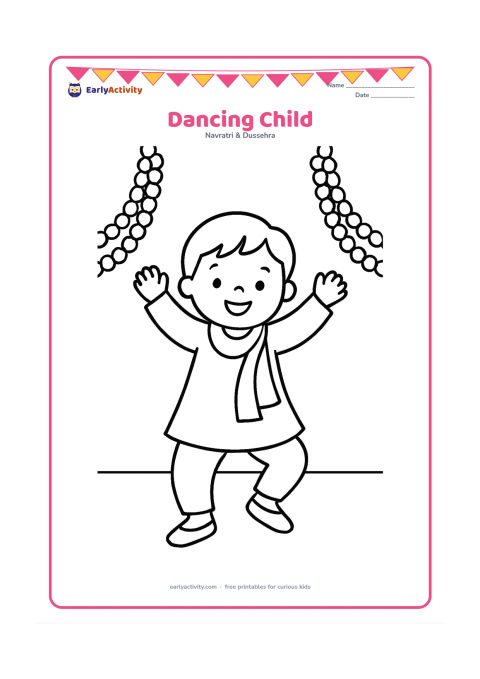 Colouring page: Draw one smiling child doing a simple garba step with arms raised and feet apart, wearing a festive kurta and scarf. Add two large hanging garlands in the background.