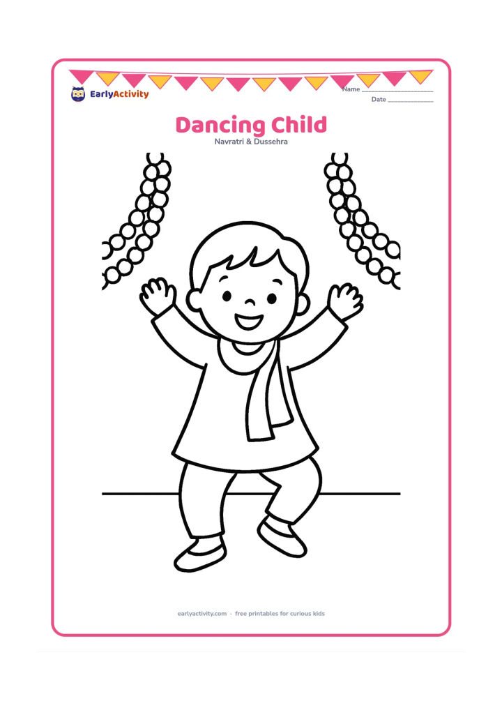 Colouring page: Draw one smiling child doing a simple garba step with arms raised and feet apart, wearing a festive kurta and scarf. Add two large hanging garlands in the background.
