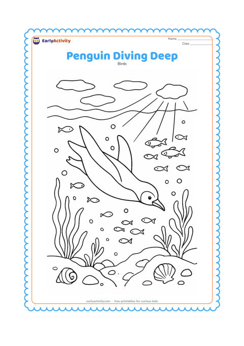 Colouring page: Draw a penguin diving diagonally through clear seawater toward a rocky seabed, surrounded by schools of small fish, bubbles, seaweed, shells, and a ray of light from the surface. Include…