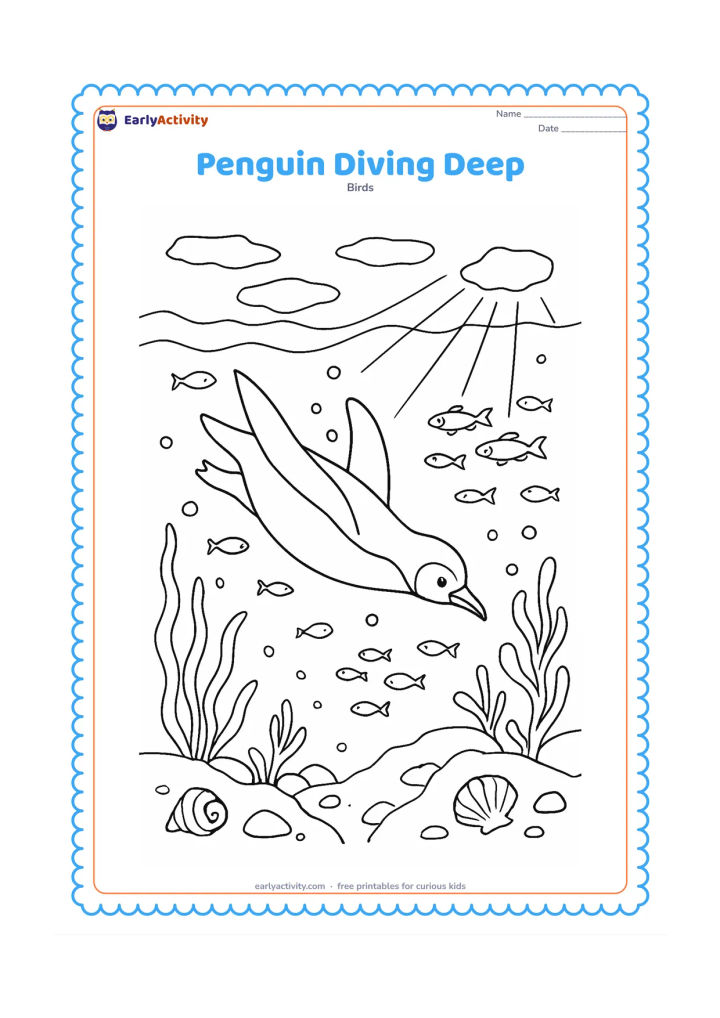 Colouring page: Draw a penguin diving diagonally through clear seawater toward a rocky seabed, surrounded by schools of small fish, bubbles, seaweed, shells, and a ray of light from the surface. Include…