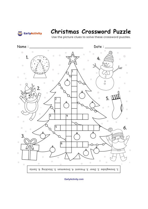 Worksheet with a Christmas tree crossword and picture clues showing a star, snowman, stocking, elf, present, and tree ornament.