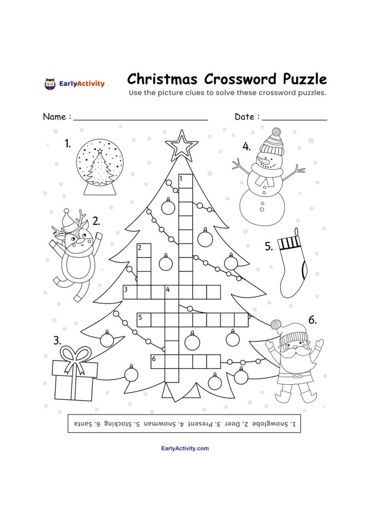 Worksheet with a Christmas tree crossword and picture clues showing a star, snowman, stocking, elf, present, and tree ornament.