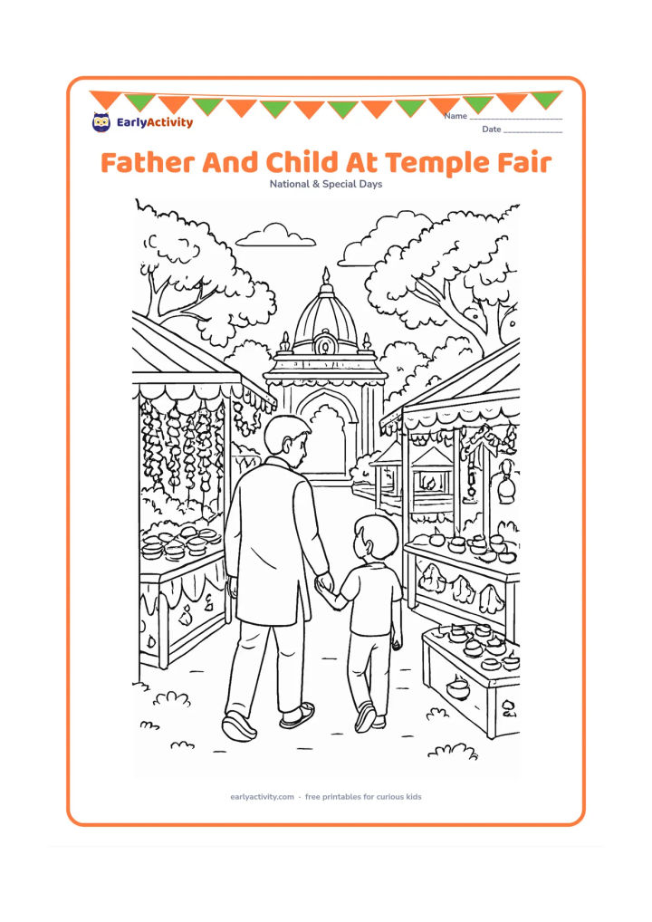 Colouring page: A father and child walk through a peaceful Indian temple fair with small decorative stalls, flower garlands, clay lamps, trees and a distant temple entrance.