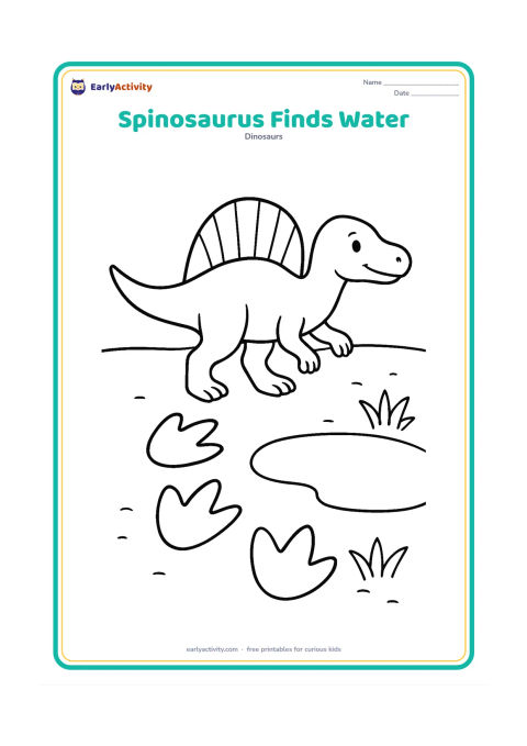 Colouring page: A Spinosaurus walks toward a small pool, following three large footprints across sandy ground. Show the whole dinosaur in profile with a clear sail and a few simple plants near the pool.