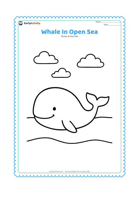 Colouring page: Draw one whale swimming across a wide open ocean with a curved waterline and a few small clouds far above. Leave large blank areas around the whale for children to invent their own setting.