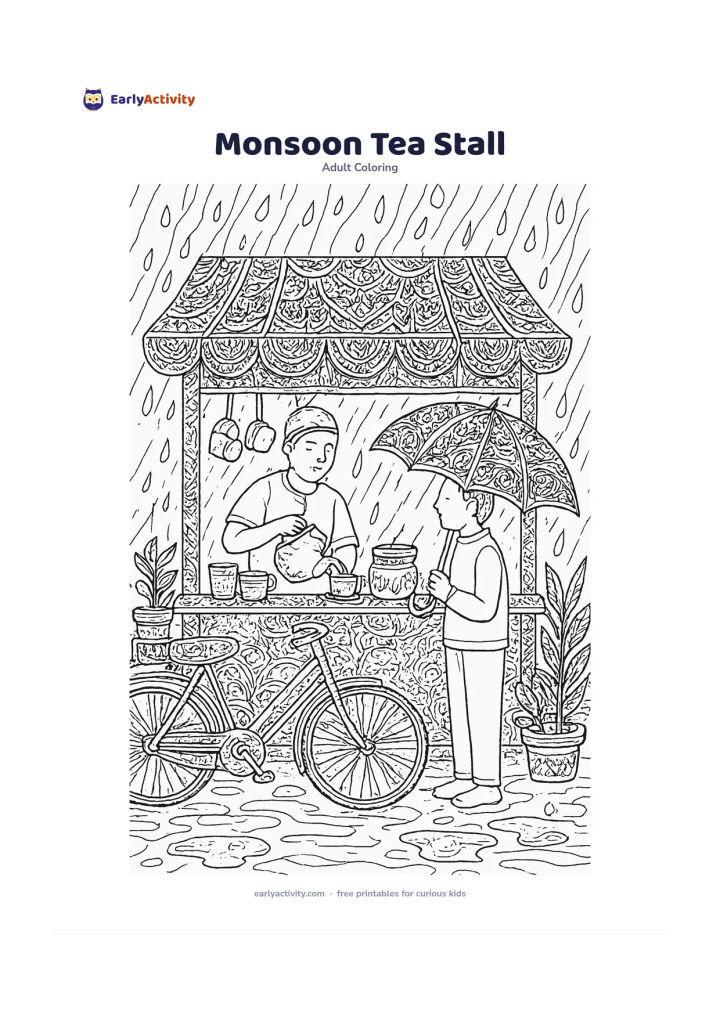 Colouring page: Show a small roadside tea stall during monsoon rain, with a vendor pouring tea into a cup, a customer under an umbrella, a kettle, hanging cups, potted plants, puddles, and a covered…
