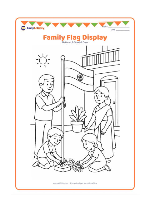 Colouring page: Draw a family of four arranging an Indian flag on a stand outside their home on a bright morning. Include a parent adjusting the stand, children placing flowers, a doorway, balcony and…