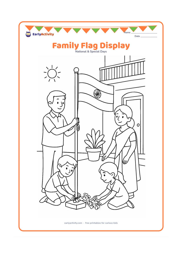 Colouring page: Draw a family of four arranging an Indian flag on a stand outside their home on a bright morning. Include a parent adjusting the stand, children placing flowers, a doorway, balcony and…