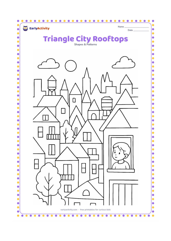 Colouring page: Show an evening city view with many varied triangular rooflines, rooftop water tanks, balconies, trees, and a child looking out from a window. Include both tall narrow triangles and…