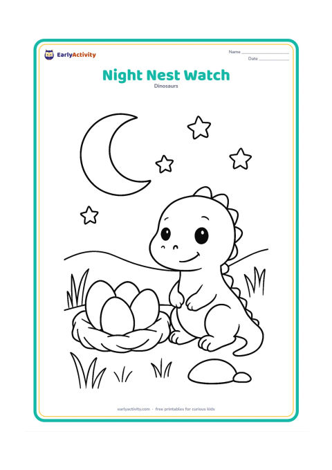 Colouring page: Draw a baby dinosaur sitting beside a nest of eggs under a large crescent moon. Add simple stars, tall grasses, a rounded rock and a distant hill.