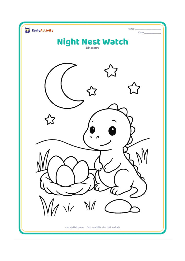 Colouring page: Draw a baby dinosaur sitting beside a nest of eggs under a large crescent moon. Add simple stars, tall grasses, a rounded rock and a distant hill.
