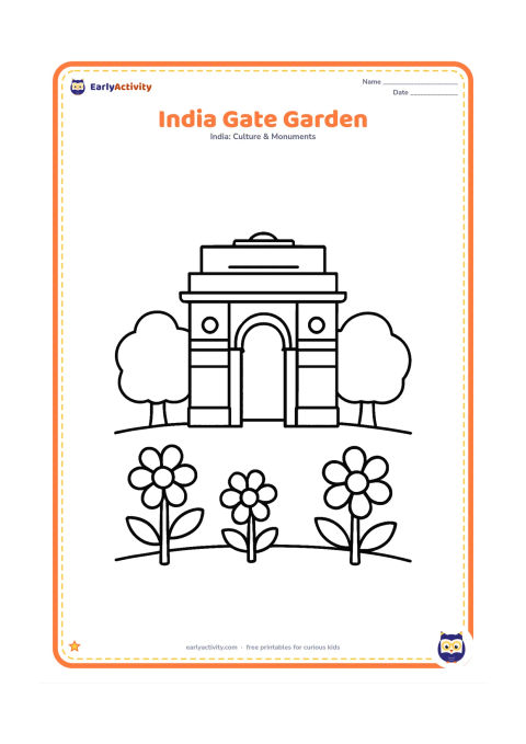 Colouring page: Show a simple India Gate behind a grassy lawn with two large rounded trees and a few big flowers in the foreground. Use a wide, uncluttered composition.