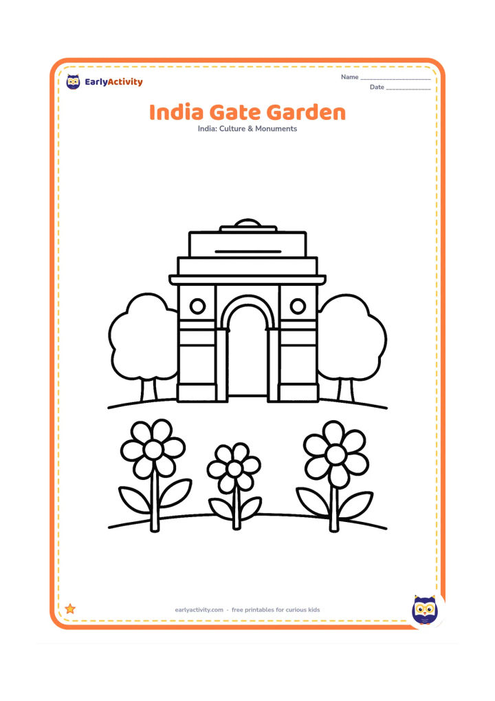 Colouring page: Show a simple India Gate behind a grassy lawn with two large rounded trees and a few big flowers in the foreground. Use a wide, uncluttered composition.