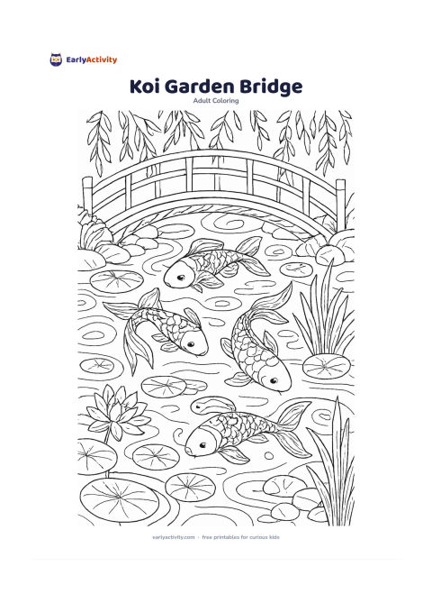Colouring page: Draw several koi fish swimming beneath a curved wooden bridge in a garden pond. Surround them with lily pads, lotus blossoms, reeds, stones, hanging branches and swirling water patterns.