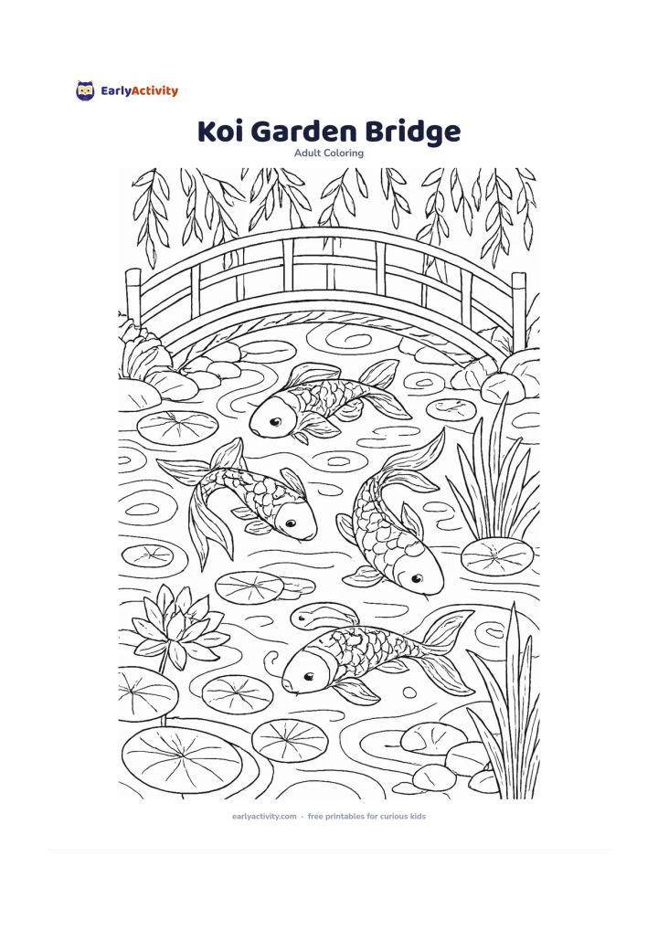 Colouring page: Draw several koi fish swimming beneath a curved wooden bridge in a garden pond. Surround them with lily pads, lotus blossoms, reeds, stones, hanging branches and swirling water patterns.