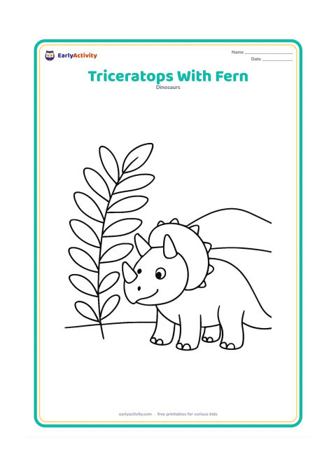 Colouring page: A friendly triceratops standing beside one oversized fern, turning its head toward the plant. Show a simple horizon and one small hill behind it.