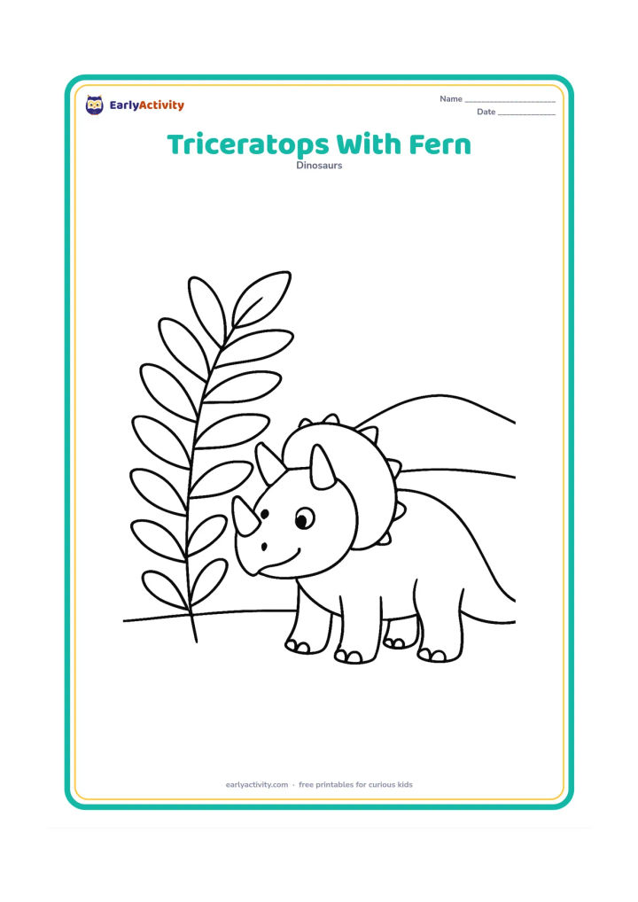 Colouring page: A friendly triceratops standing beside one oversized fern, turning its head toward the plant. Show a simple horizon and one small hill behind it.