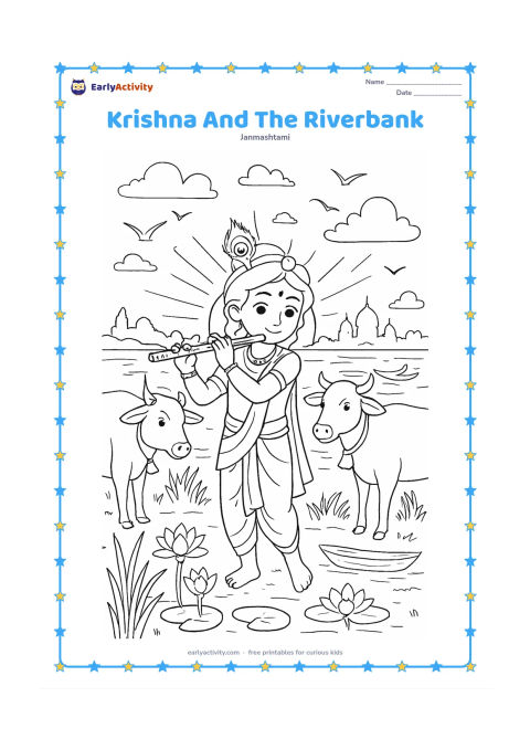 Colouring page: Draw Krishna standing at a riverbank at sunrise with his flute, peacock feather and cows nearby. Include lotus flowers, a boat, temple silhouettes, birds, river reflections, reeds and a…