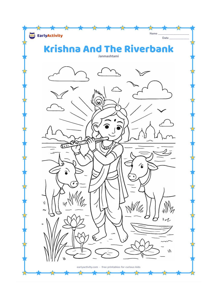 Colouring page: Draw Krishna standing at a riverbank at sunrise with his flute, peacock feather and cows nearby. Include lotus flowers, a boat, temple silhouettes, birds, river reflections, reeds and a…