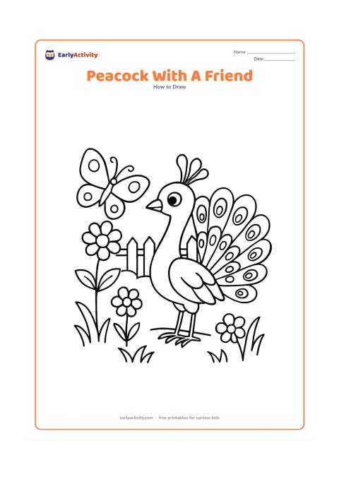 Worksheet: A peacock stands beside a butterfly on a flower stem, with its tail spread behind it. Add curved grass, three flowers and a distant garden fence, leaving space around each subject.