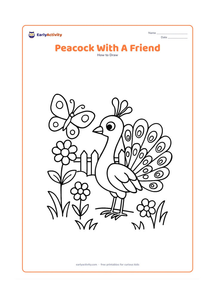 Worksheet: A peacock stands beside a butterfly on a flower stem, with its tail spread behind it. Add curved grass, three flowers and a distant garden fence, leaving space around each subject.