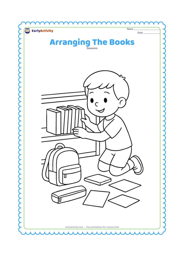 Colouring page: A primary-school child kneels beside a low classroom shelf and arranges books upright by size. Show an open bag, a pencil case and several blank book covers on the floor.