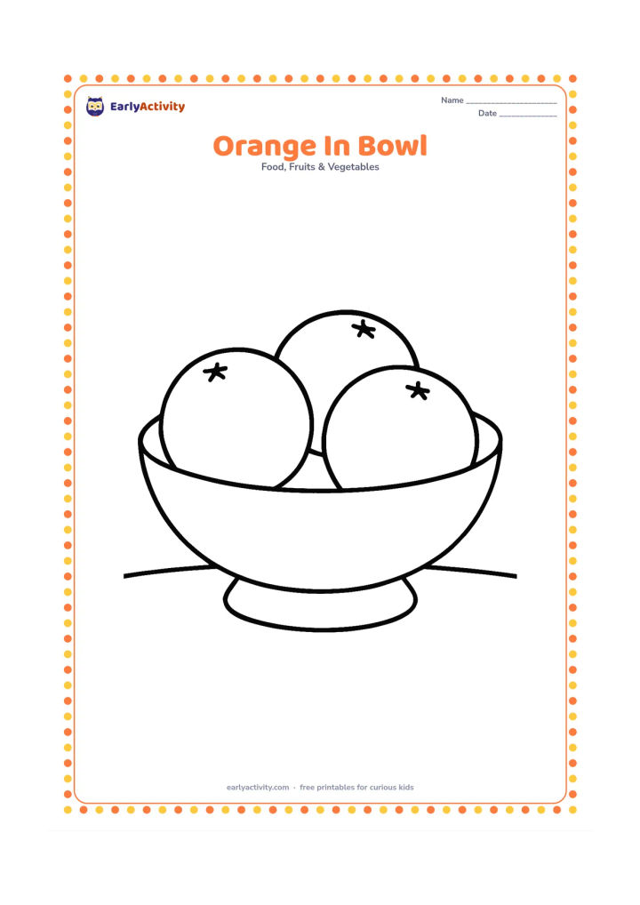 Colouring page: Draw one large bowl holding three whole oranges on a plain table. Include only a simple bowl rim and a small curved table line.