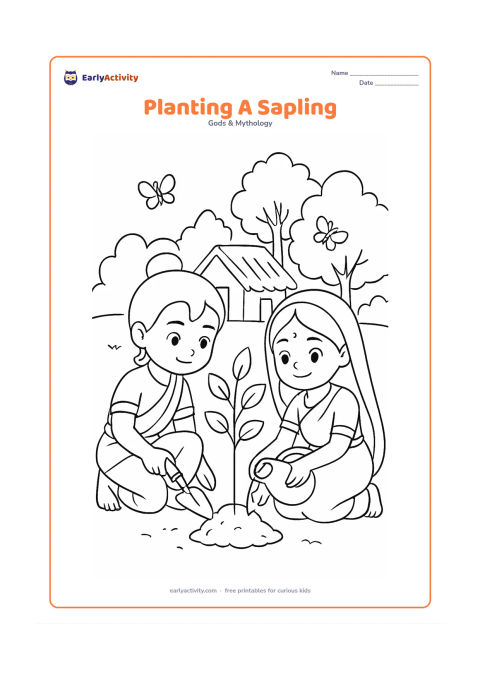 Colouring page: Ram and Sita work together to plant a young tree near a forest hut, with a hand trowel, water pot, small mound of soil, and butterflies.