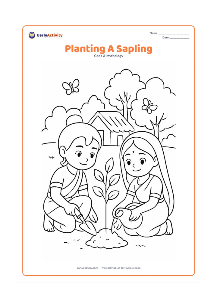 Colouring page: Ram and Sita work together to plant a young tree near a forest hut, with a hand trowel, water pot, small mound of soil, and butterflies.