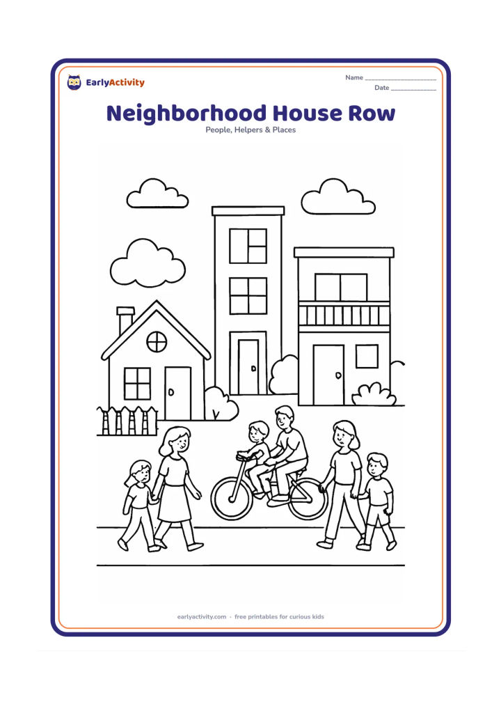 Colouring page: Draw a friendly row of different homes: a small pitched-roof house, a tall narrow city home and a flat-roof home with balcony and courtyard. Add varied doors, windows, fences, trees,…