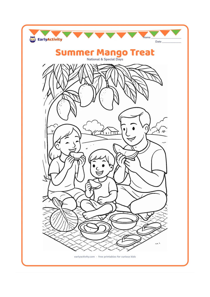 Colouring page: A father and two children enjoy sliced mangoes under a shady mango tree in summer, with a woven mat, steel bowls, a hand fan, sandals and a distant village view.