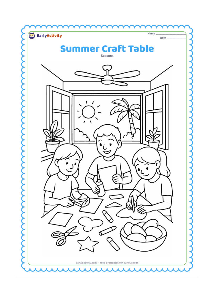 Colouring page: Draw three children making a holiday collage at a classroom table, using blank paper shapes, scissors, glue, crayons, and a bowl of mangoes for inspiration. Show open windows, a ceiling…